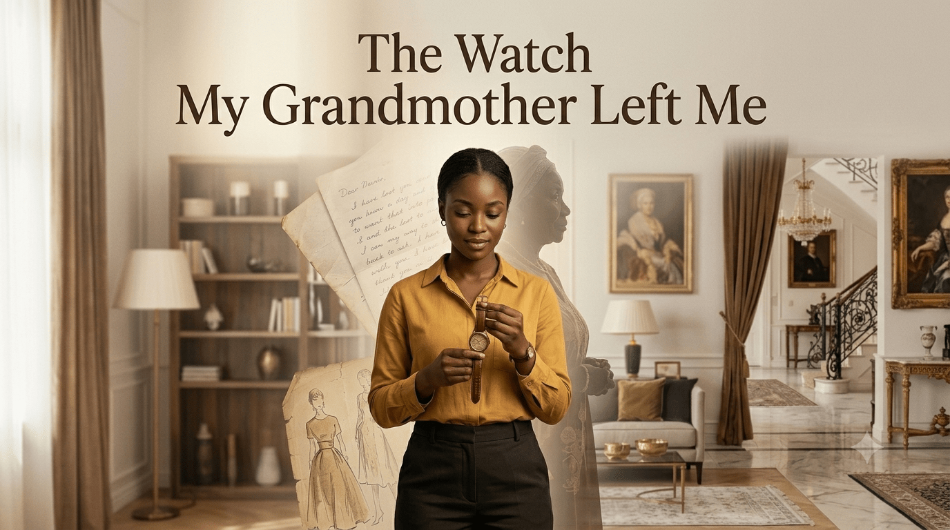 A young woman holding a brown wristwatch in a nostalgic way with sentimental background